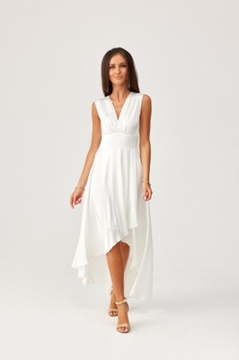 Asymetryczna satynowa sukienka z falbaną maxi biała M