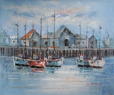 Kutry rybackie, port, obraz olejny, 50x60cm, PROMOCJA