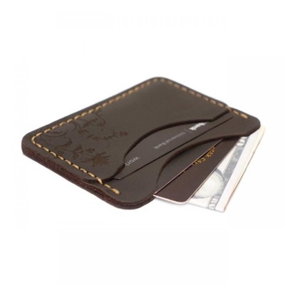 Brązowy skórzany ręcznie robiony portfel na karty