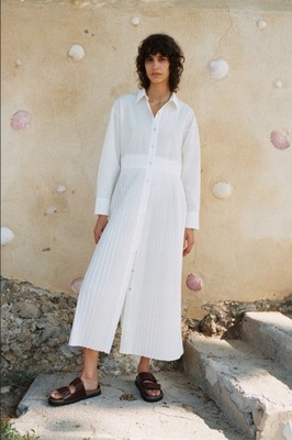 ZARA biała koszulowa sukienka plisowany dół - L/XL