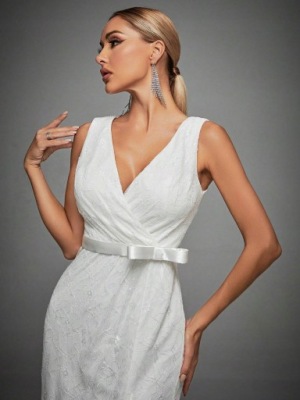 SHEIN BIAŁA KORONKOWA SUKIENKA Z PASKIEM ROZCIĘCIE L 17373