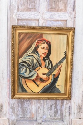 T. De. Łempicka - Kobieta z Gitarą - Stary Obraz Olejny z Francji