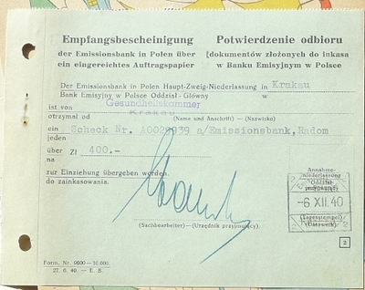 1940 Potwierdzenie odbioru dokumentów złożonych w Banku Emisyjnym w Polsce