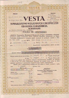 polisa ub. VESTA od ognia, Poznań 1933