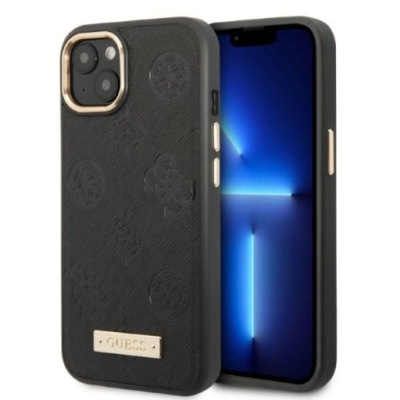 Etui Guess do iPhone 13 czarny case plecki Peony Logo Plate MagSafe