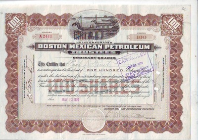 Boston Mexican Petroleum Trust, 100 akcji z 1920