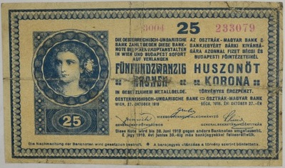 11.di.Węgry, 25 Koron 1918 (1919) rzadki, St.3/3+