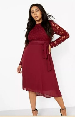 M6F18 Boohoo BOOHOO PLUS SUKIENKA KORONKOWA MIDI BORDO 48