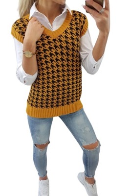 Kamizelka sweter wełniany w pepitkę bezrękawnik