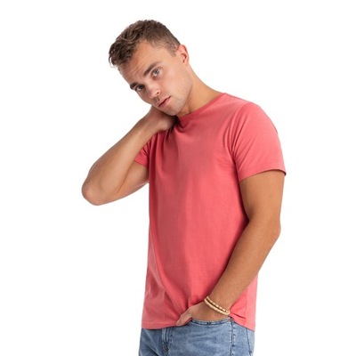 T-shirt męski klasyczny bawełniany BASIC różowy V11 OM-TSBS-0146 M