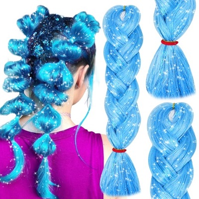 Włosy syntetyczne kolorowe warkoczyki brokatowe BŁĘKITNE DOCZEPIANE GA31