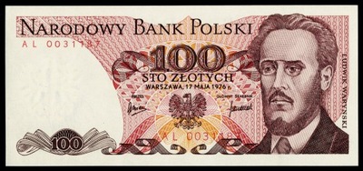 98.! Banknot PRL 100 zł 1976 r. seria AL Waryński / UNC