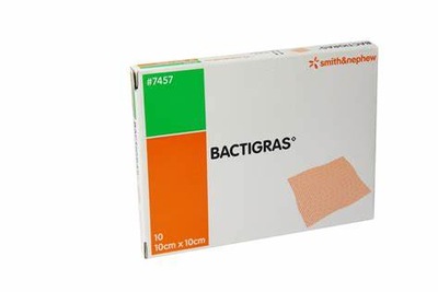 Bactigras, opatrunek z gazy nasączony chlorheksydyną 10cm x 10cm, 10 sztuk