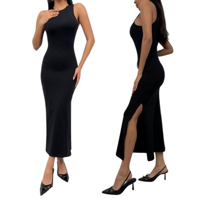 Sukienka czarna Maxi z bocznym rozcięciem 24S25019 Rozmiar S