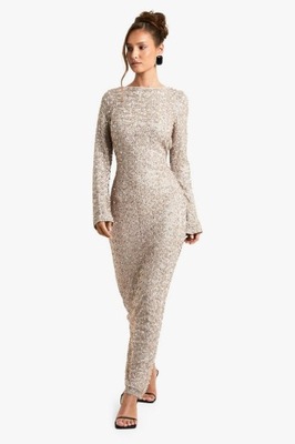 4H0A06 BOOHOO BEŻOWA SUKIENKA MAXI ZDOBIONA P38 M