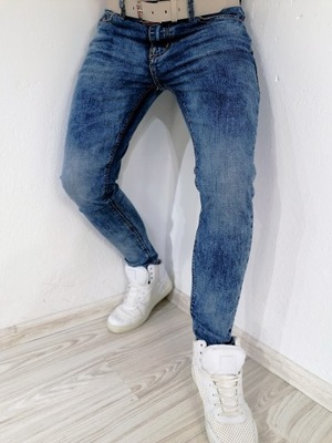 Spodnie męskie jeans niebieskie wycierane Pasek 36