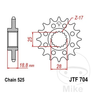 ЗУБЧАТКА ПЕРЕДНЯЯ JT F704-17, 17Z, РАЗМЕР 525 RACING APRILIA