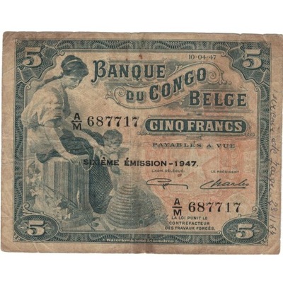Banknot, Kongo Belgijskie, 5 Francs, 1947, 1947-04