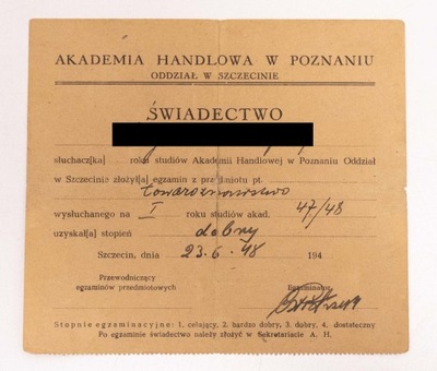 ŚWIADECTWO AKADEMIA HANDLOWA POZNAŃ SZCZECIN 1948
