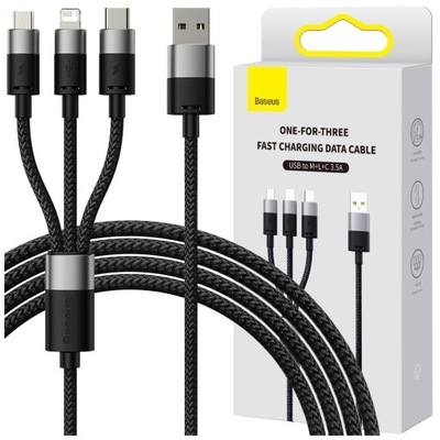 BASEUS KABEL PRZEWÓD 3W1 USB - MICRO USB/LIGHTNING/USB C 3.5A 1.2M CZARNY