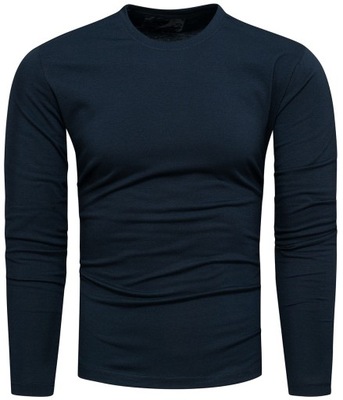 Koszulka Męska z Długim Rękawem Bawełniany Longsleeve Gładki Granatowy XL