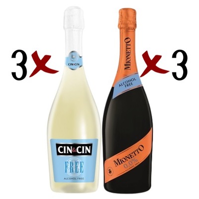 CIN CIN FREE + MIONETTO FREE wino bezalkoholowe musujące zestaw 6 butelek