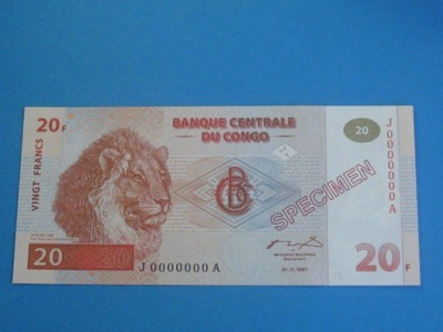 Kongo Banknot 20 Francs 1997 UNC P-88s SPECIMEN