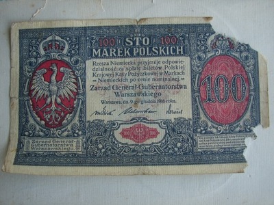 100 Marek Polskich - Banknot Polski z 1916 roku / Generał