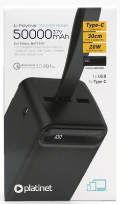 PowerBank 50000mAh USB typ A + USB typ C PD.30 QC 3.0 Wyświetlacz 20W 4,5A