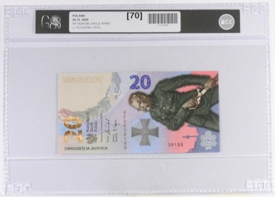 2. BANKNOT 20 ZŁOTYCH 2020 RP 0038199 NIEPODLEGŁOŚĆ GRADING GCN 70 20.05