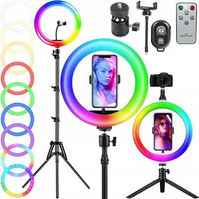 LAMPA PIERŚCIENIOWA LED RING RGB ZE STATYWEM DO ZDJĘĆ FILMÓW SELFIE MAKIJAŻ