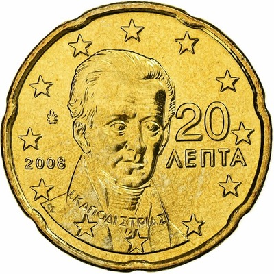 Grecja, 20 Euro Cent, 2008, Athens, Mosiądz, MS(65