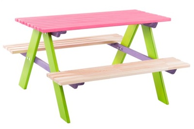 Kolorowy drewniany zestaw ogrodowy stolik ławka