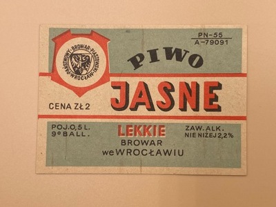 Etykieta piwo jasne lekkie Państwowy Browar Piastowski Wrocław