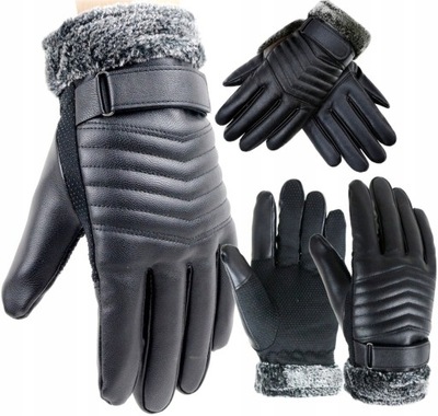 Czarne Rękawiczki Dotykowe skórzane zimowe męskie