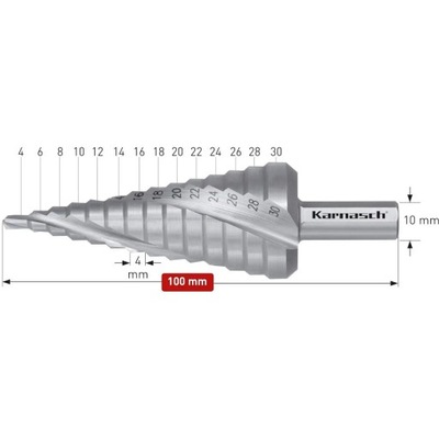 Wiertło stopniowe, HSS-XE, spiralne, 3 ostrza - 6-30 mm Karnasch (213006)