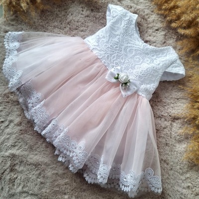 Sukienka do chrztu sukienka na wesele tiulowa biało różówa 68