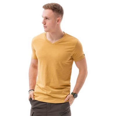 T-shirt męski basic v-neck S1369 musztardowy XXL