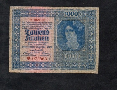 BANKNOT AUSTRIA -- 1000 koron -- 1922 rok