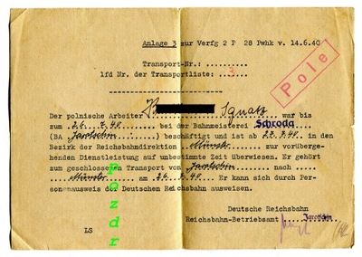 Niemiecka kolej w czasie wojny- zaświadczenie- Środa - Jarocin- 1940r