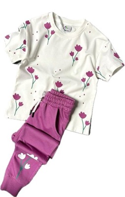 104-110 Komplet dziewczęcy 2 częściowy bluzka spodnie dresowe - kwiaty