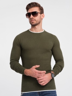 Bawełniany sweter męski z dekoltem ciemnooliwkowy V7 OM-SWSW-0103 M