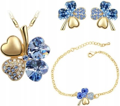 Złocony komplet biżuterii niebieskie koniczynki z cyrkoniami kolor złoty