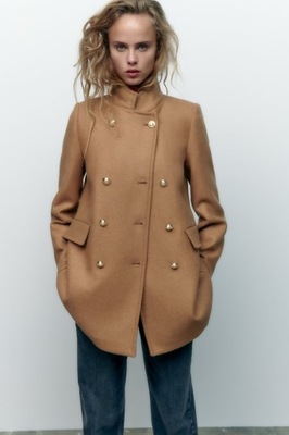 dwurzędowy płaszcz z wełną Zara XS ciepły beż