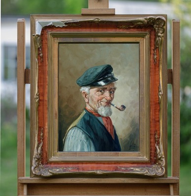 Hans Fenger (1893-1980) Portret mężczyzny z fajką, kolejarz? stary obraz