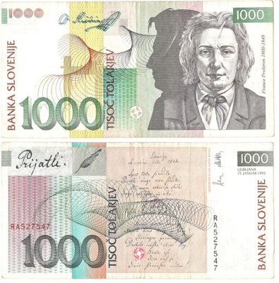 SŁOWENIA 1000 Tolarjev 1992 st VF