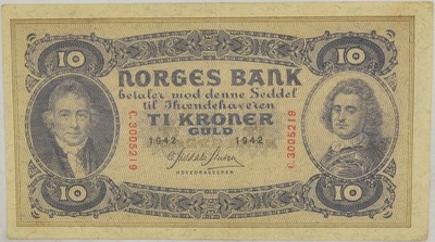 12.dbr.Norwegia, 10 Koron 1942 rzadki, St.2/3+