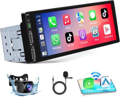 Radio samochodowe 1DIN 6,86” Podofo Wireless CarPlay Android Auto kamera