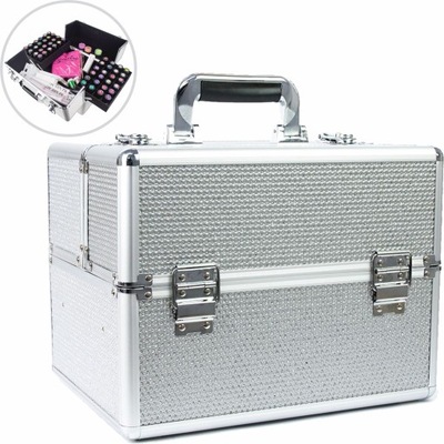 Kuferek kufer kosmetyczny XL srebrny cyrkonie Kratka na lakiery