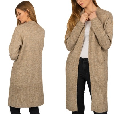 New Look Długi Luźny Beżowy Sweter Narzutka Kieszenie z Wełną XL 42